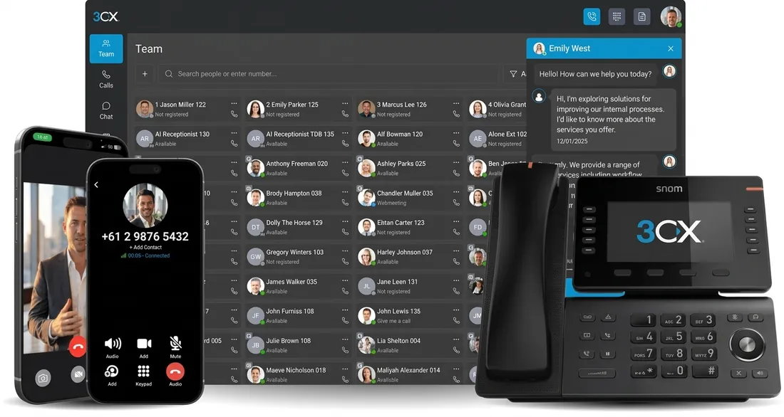 The 3CX web client, mobile app and a desk phone