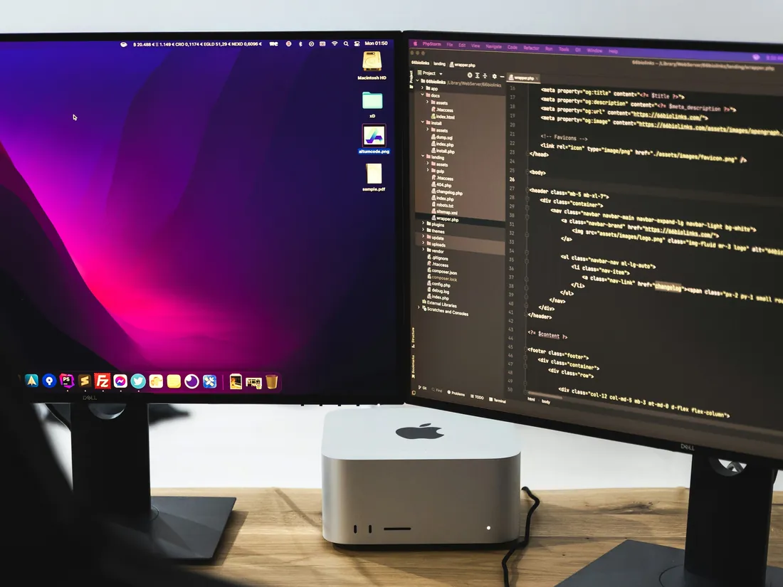 A Mac Studio driving two displays on a timber desk